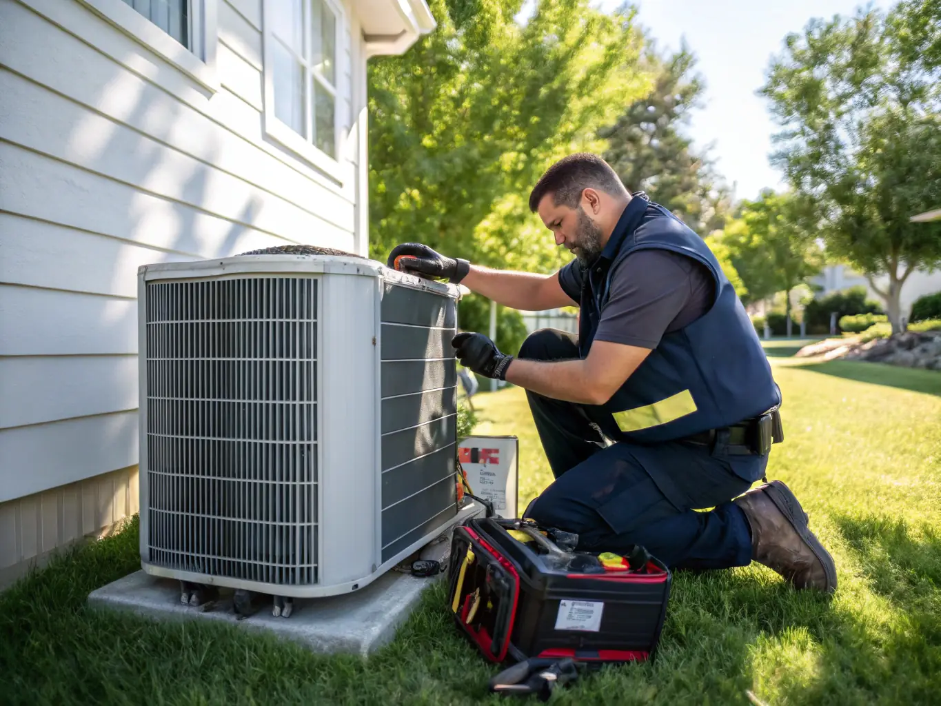 A technician repairing an air conditioner unit outside a residential home, showcasing the AC repair service.