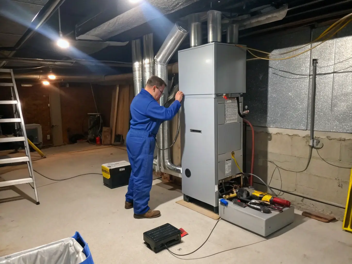 A newly installed furnace in a basement, highlighting the furnace installation service.